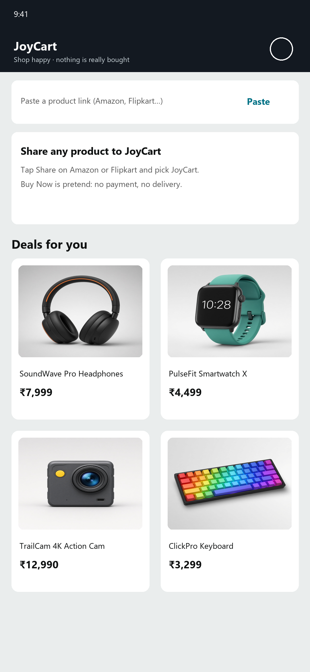 JoyCart home with a paste-link field and pretend product deals