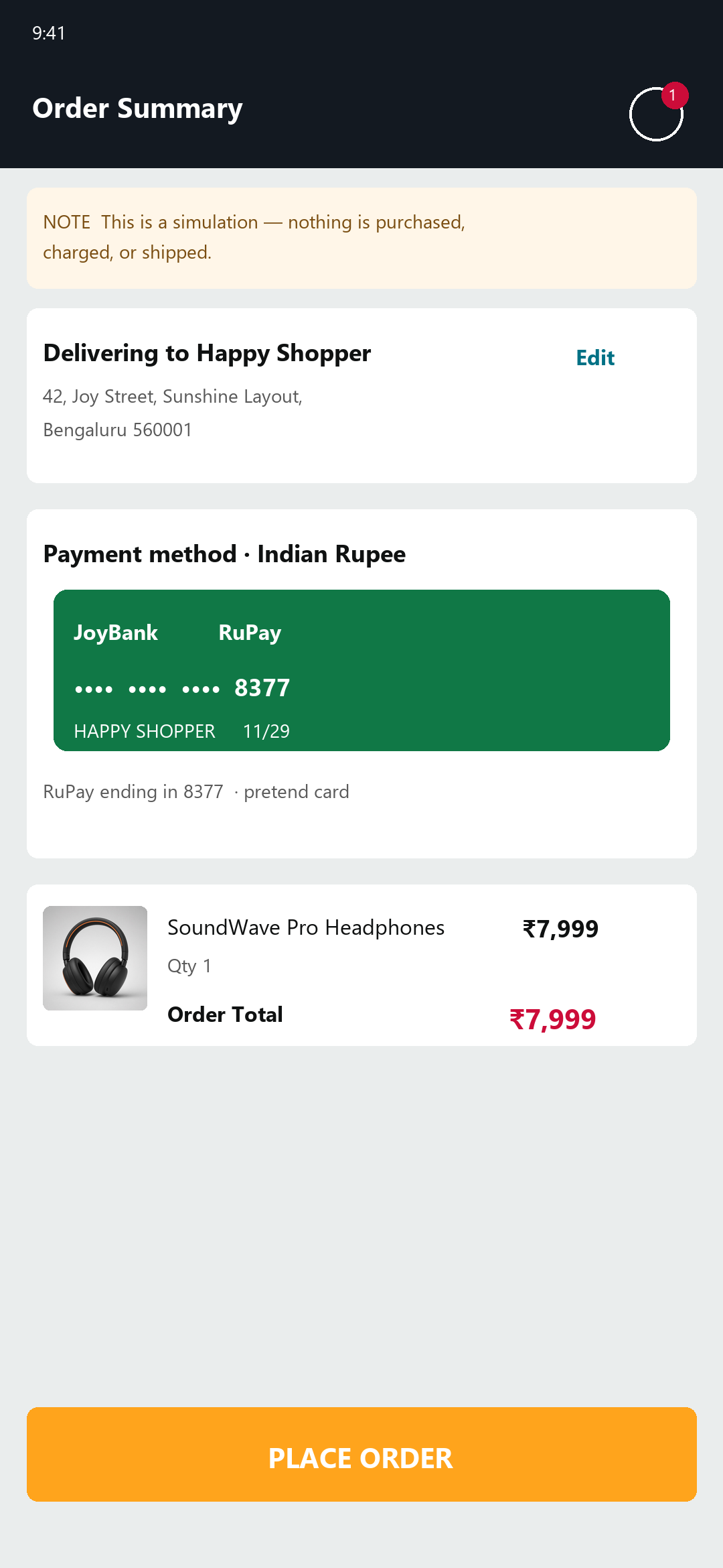 Order summary with pretend address and card
