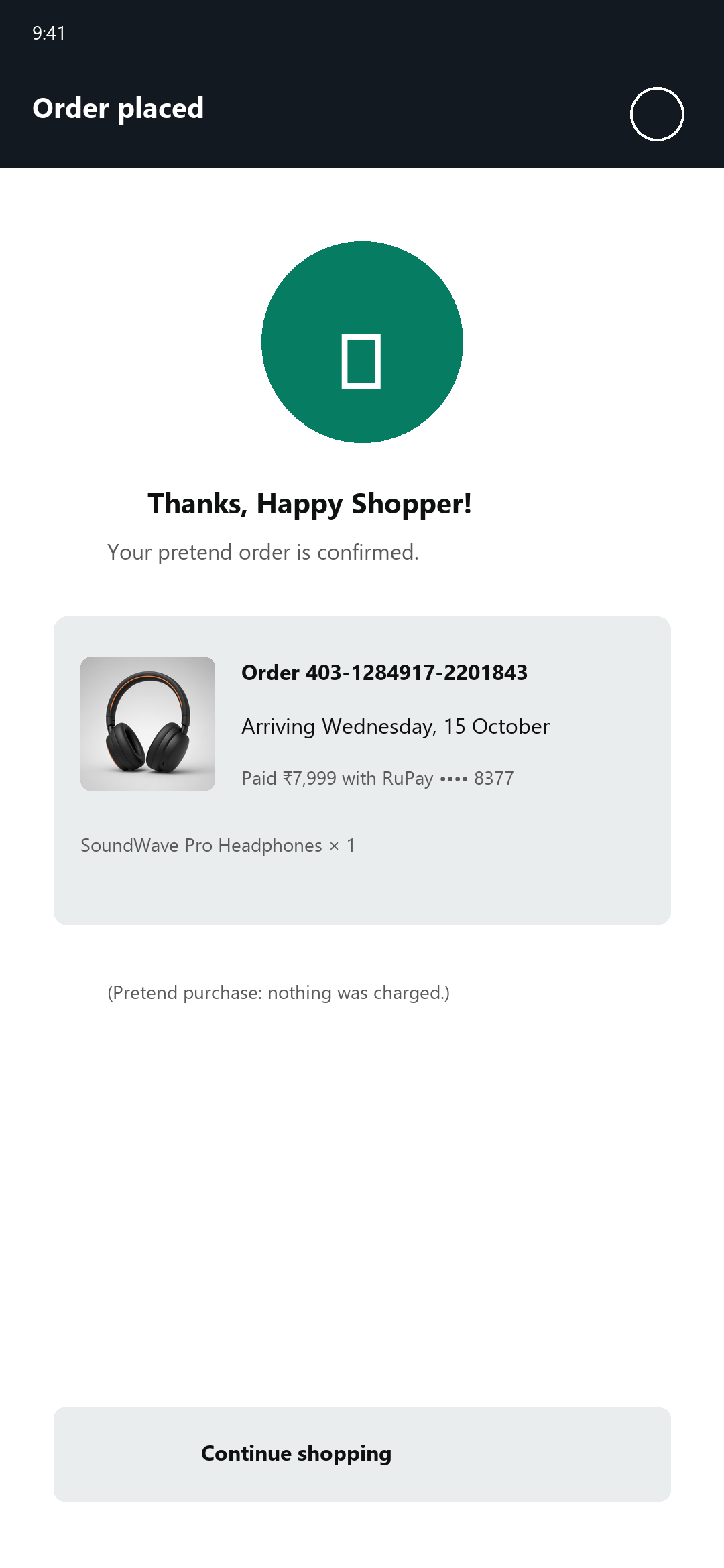 Order placed confirmation