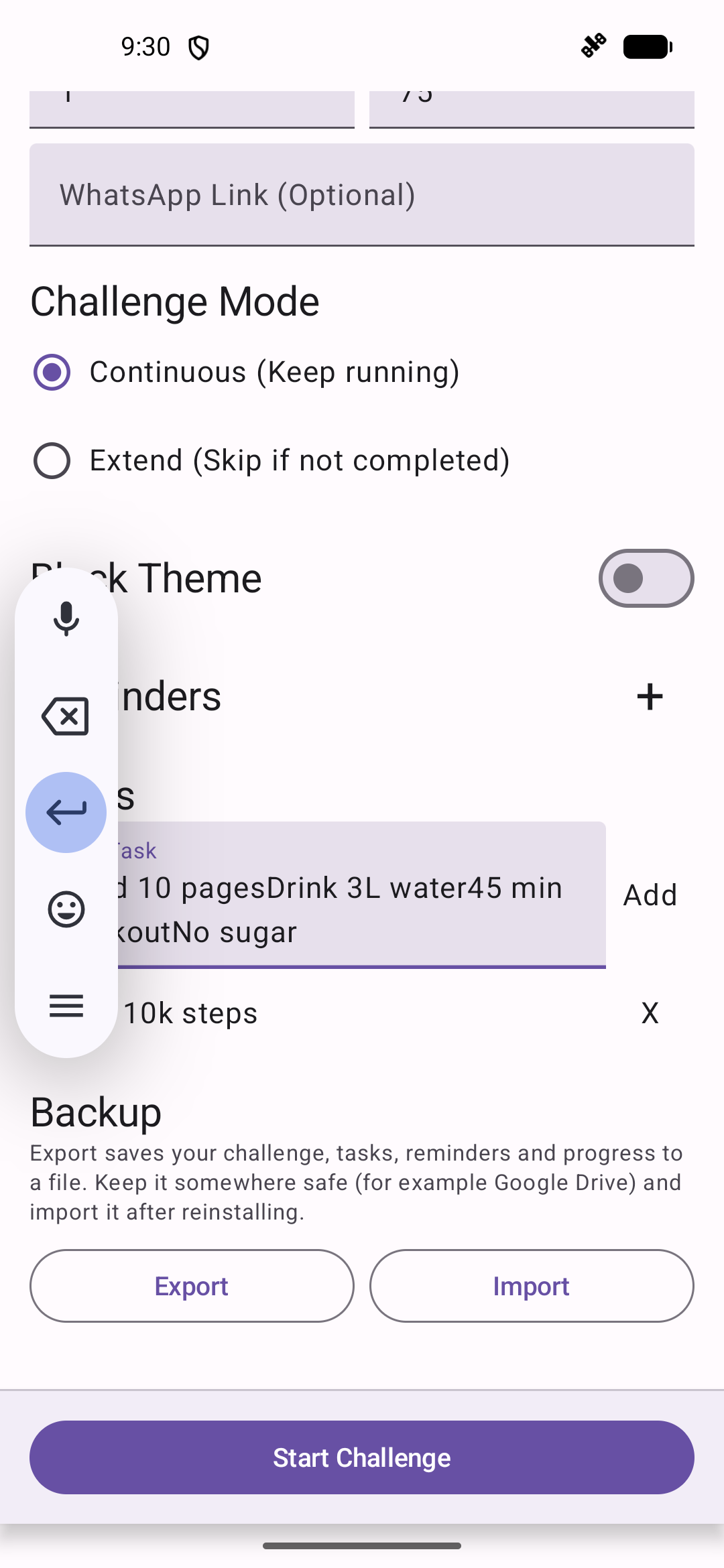 Setup with five daily tasks and Start Challenge