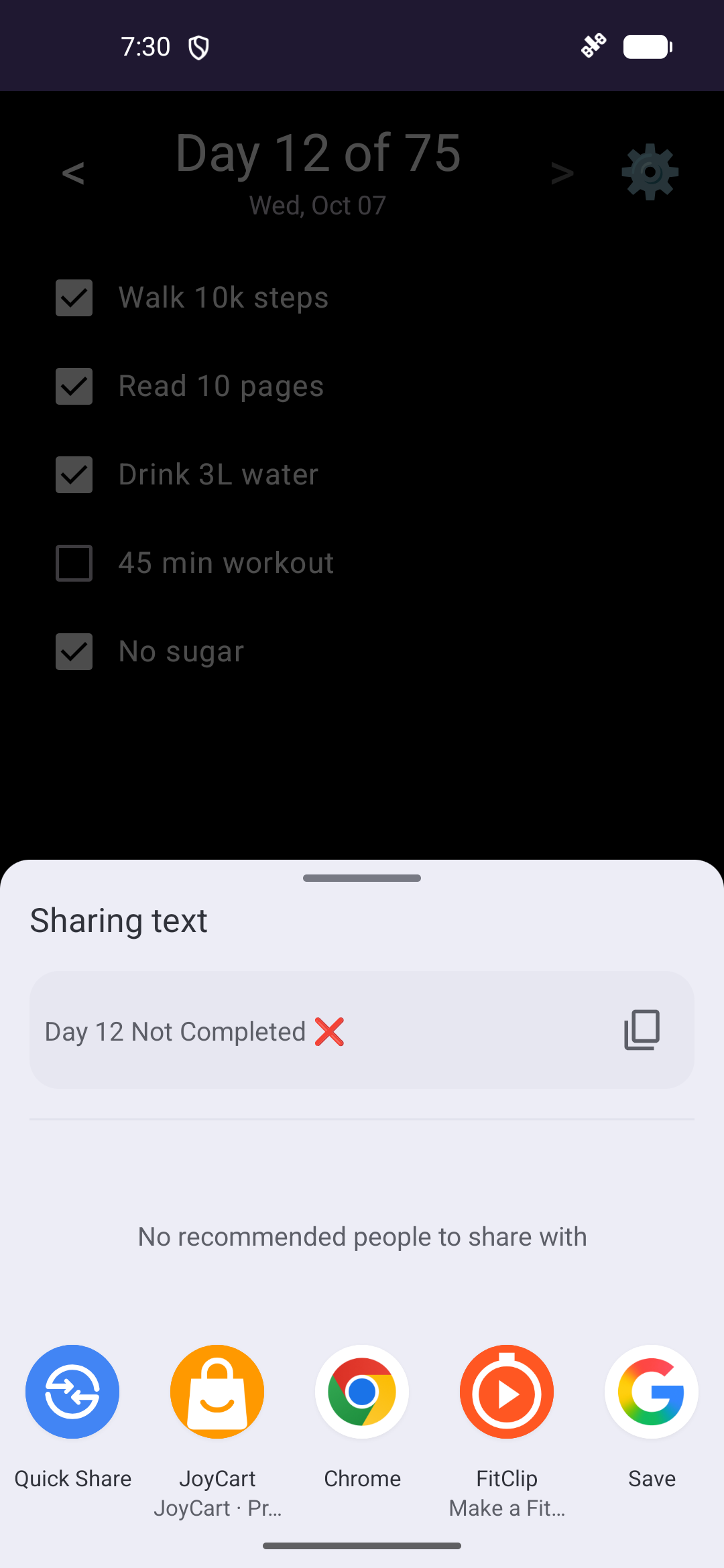 Share sheet with day status text